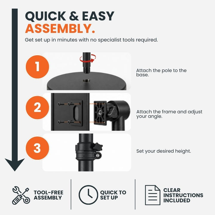 Three-step assembly guide for a black A4 display stand showing how to attach the pole to the base, fit the frame and set the desired height.