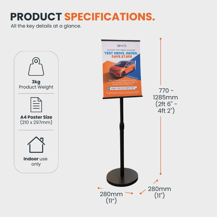 Black freestanding A4 display stand weighing 3kg, with adjustable height from 770 to 1285mm, a 280mm weighted base and indoor-use design.