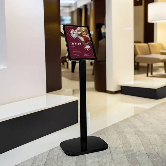 Black A4 Snap Frame Floor Standing Poster Display Stand 25mm Frame with Adjustable Orientation and Rounded Corners - 1050mm High x 330mm Wide