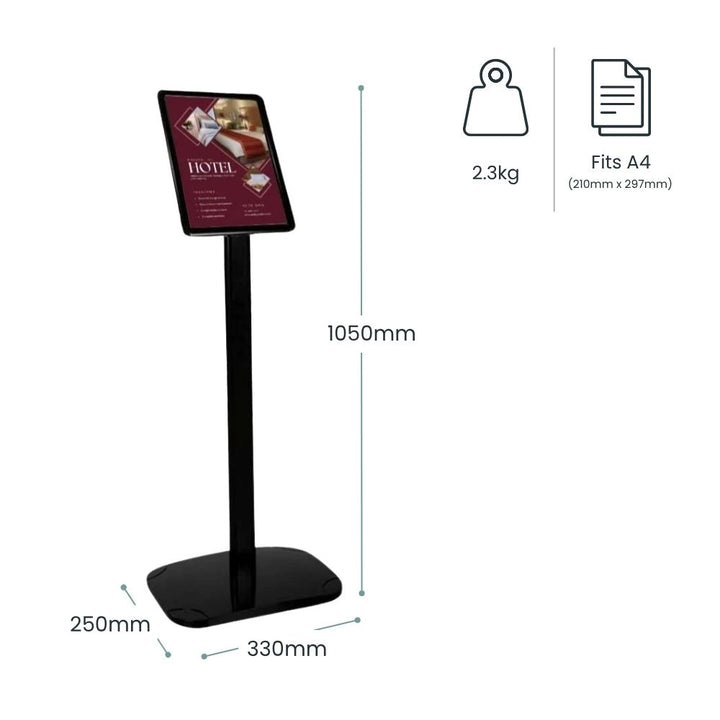 Dimension diagram for the black A4 snap frame stand: 1050mm tall, 330mm wide, 250mm base depth, 2.3kg unit weight and fits A4 210 x 297mm.
