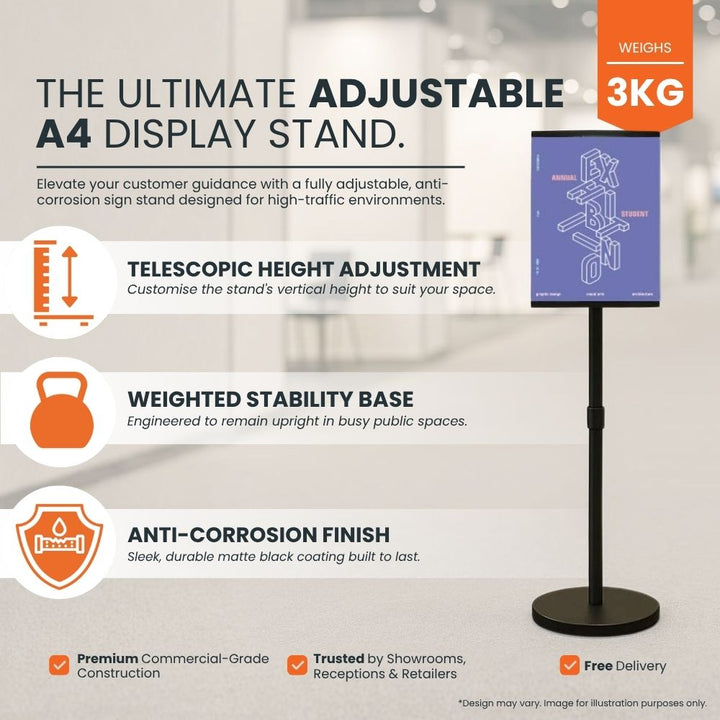 Feature panel: telescopic height adjustment, weighted stability base, anti-corrosion matte black finish, 3kg unit weight, for high-traffic spaces.
