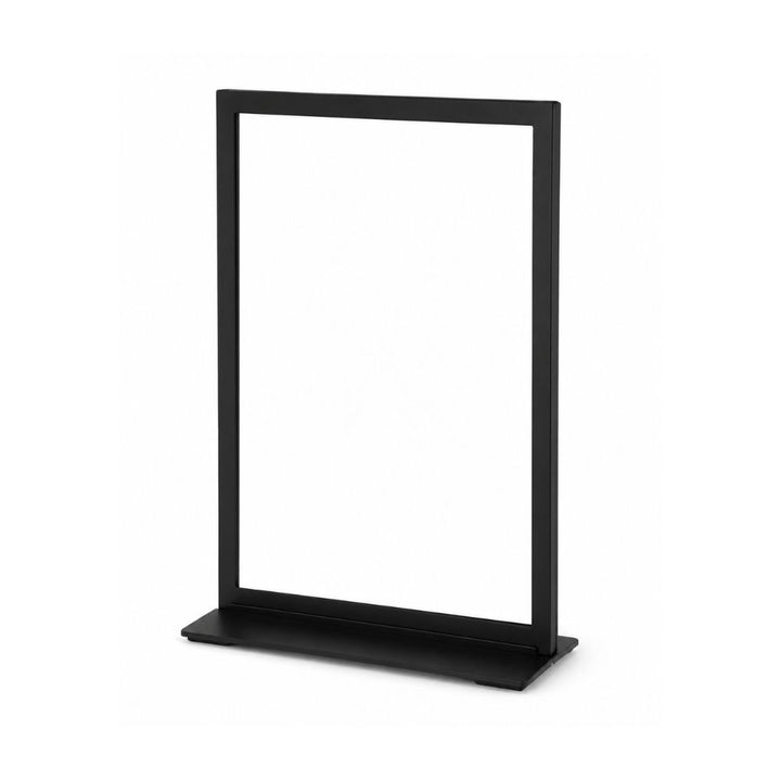 Freestanding black A4 table sign holder with sleek metal frame and wide base isolated on a white background.