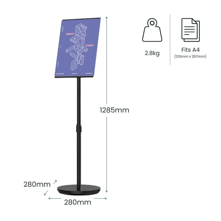 Dimension diagram: black A4 telescopic display stand 1285mm tall with a 280mm round base, unit weight 2.8kg, fits A4 (210 x 297mm) paper.
