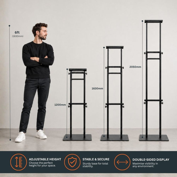 Black adjustable double-sided poster display stand shown at 1200mm, 1630mm and 2050mm heights beside a 6ft person for scale.