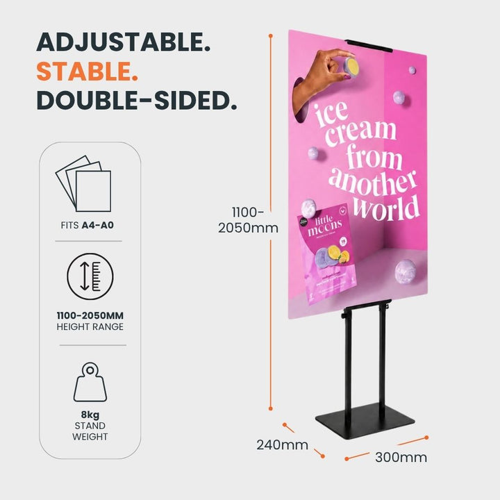 Black adjustable double-sided poster stand for A4 to A0 boards with 1100 to 2050mm height range and weighted freestanding base.