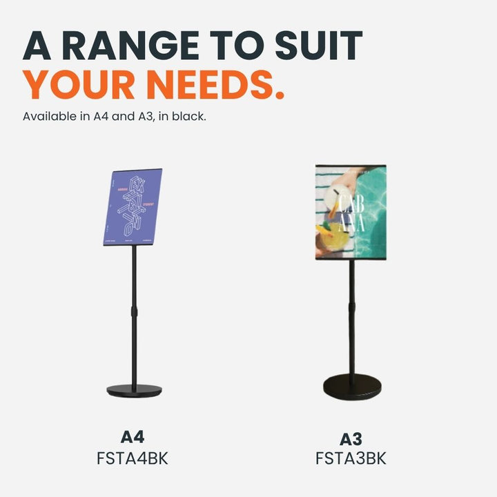 Black adjustable freestanding poster display stand range showing A4 and A3 size options for professional indoor signage.