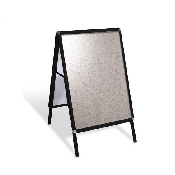 Black aluminium A1 A-board pavement sign cut-out showing both anti-glare panels, A-frame leg stance and top hinge brace — the fold-flat double-sided format.
