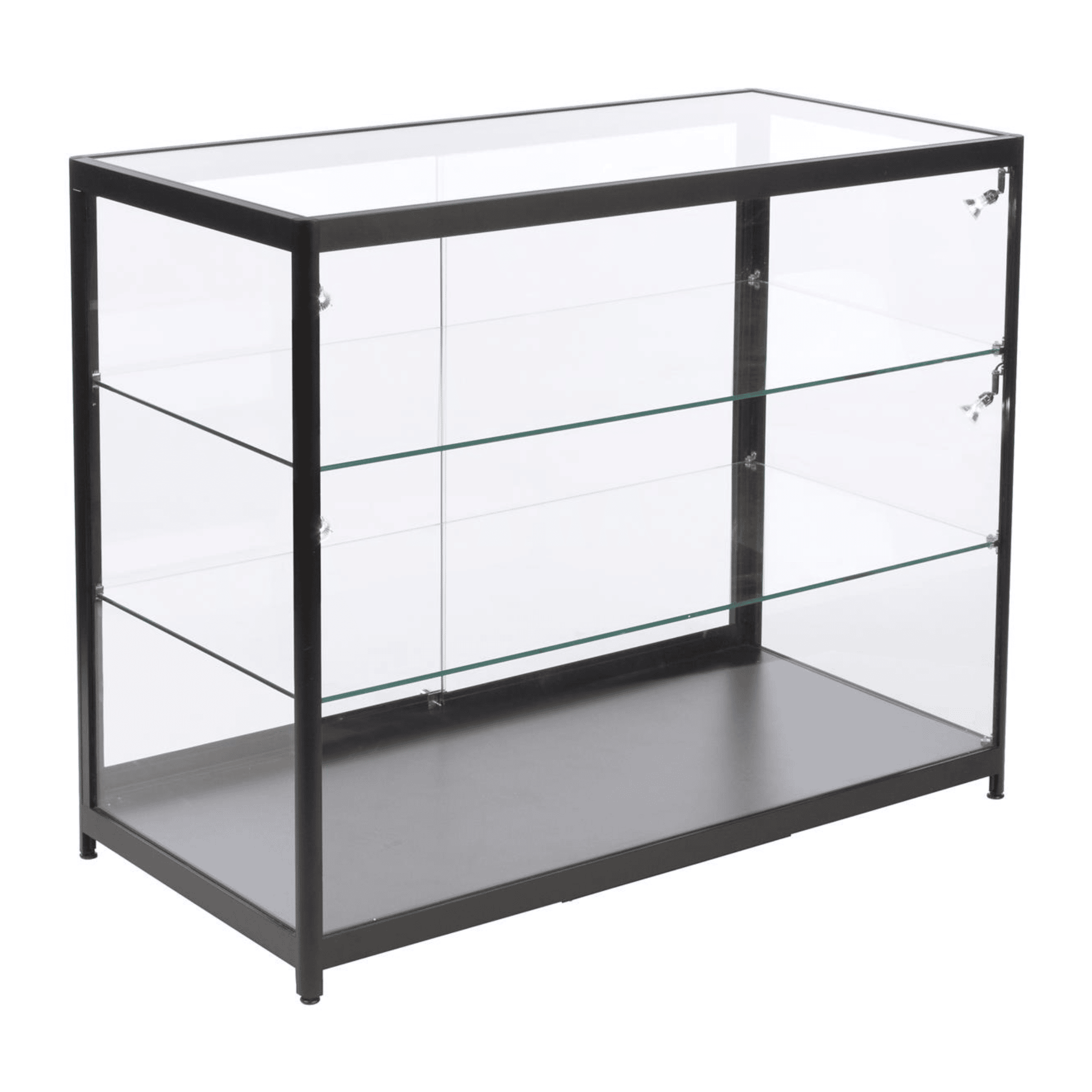 Sleek black aluminium glass counter display cabinet with lockable sliding doors and eight LED spotlights, measuring 1000mm x 500mm.
