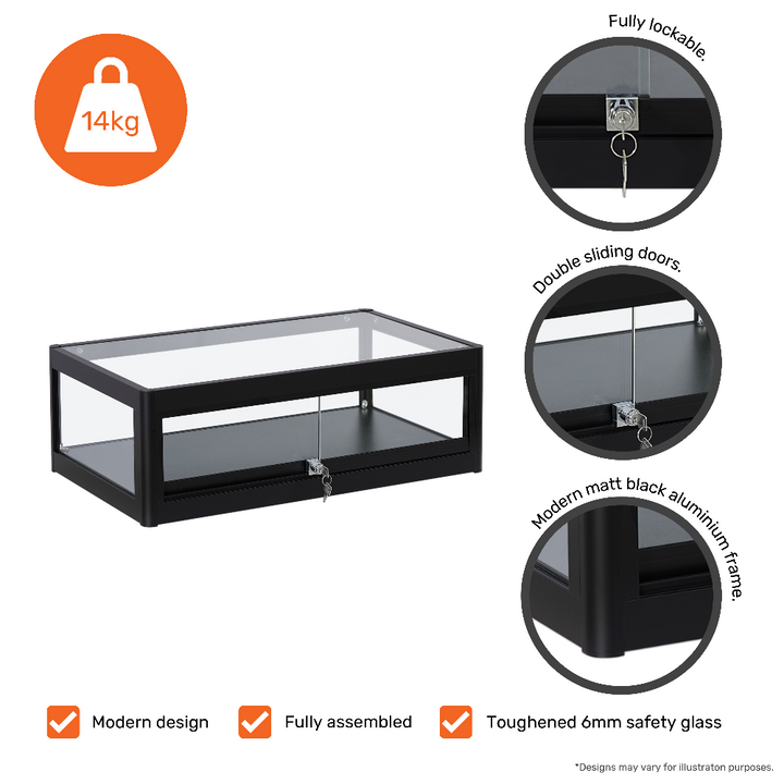 Countertop display unit – black aluminium cabinet with clear glass panels and secure sliding access doors