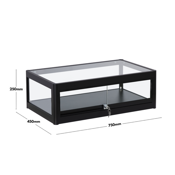 Retail display cabinet – black countertop unit with aluminium frame and lockable glass sliding doors for secure access