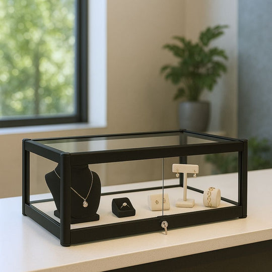 Black Aluminium Glass Counter Top Display Cabinet with Lockable Sliding Doors