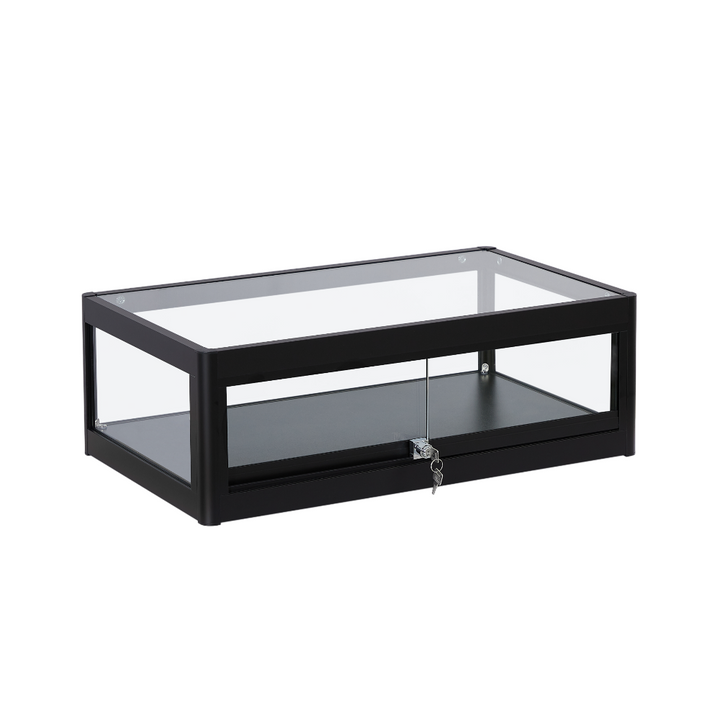 Lockable black display cabinet – countertop showcase with sliding glass doors and aluminium frame for commercial use