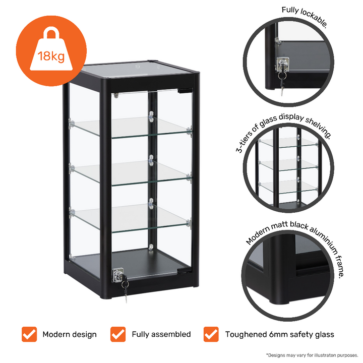 3-shelf glass display cabinet – black aluminium countertop unit for commercial merchandising and visual retail setups