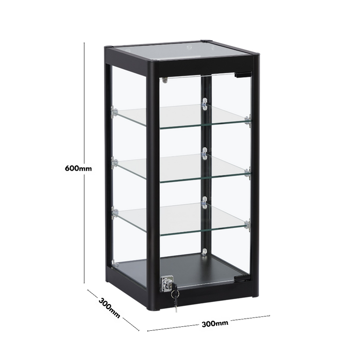 Retail countertop display – black aluminium glass cabinet with three shelves for secure, stylish visual merchandising