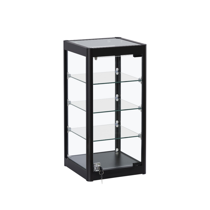 Countertop black display cabinet – aluminium-framed glass showcase with three internal shelves for product presentation