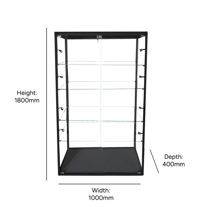 Lockable black glass showcase – 1800mm high cabinet with LED lighting and shelving, perfect for high-end visual display