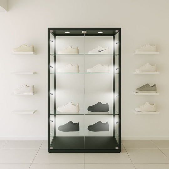 Black Aluminium Glass Display Cabinet Lockable with 4 Adjustable Shelves & 10 LED Lights 1800mm High x 1000mm Wide