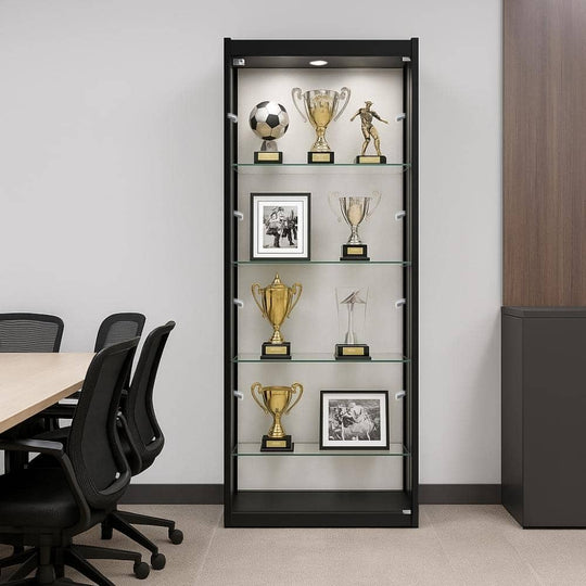 Black Aluminium Glass Display Cabinet Lockable with 4 Adjustable Shelves & 10 LED Lights 1800mm High x 600mm Wide