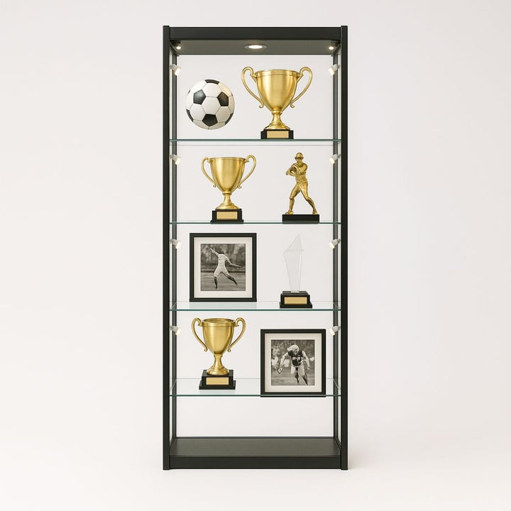Retail black display cabinet – 1800mm high, 600mm wide with lock, lighting and flexible glass shelving
