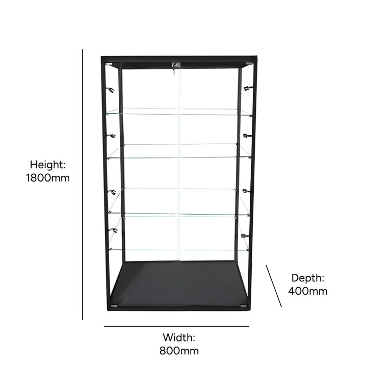 Aluminium glass cabinet in black – 800mm wide display with secure lock, LED lights, and four glass shelves