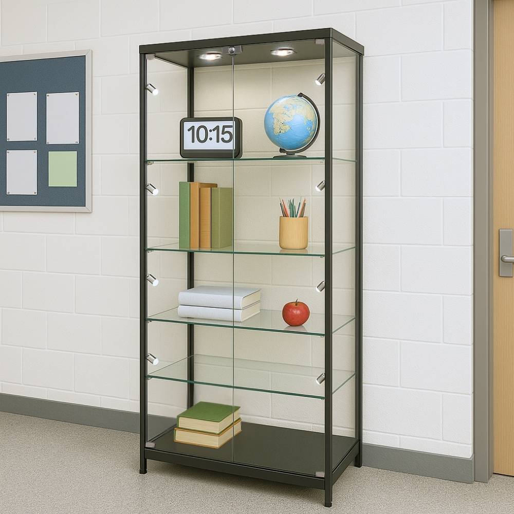 Sleek black aluminium glass display cabinet with lockable doors, four adjustable shelves, and ten LED lights, measuring 1800mm high by 800mm wide.