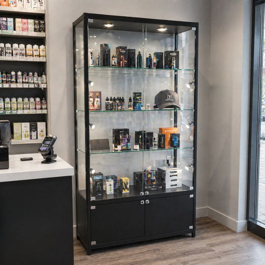 Black Aluminium Lockable Glass Storage Display Cabinet with 3 Adjustable Shelves & 10 LED Lights 1800mm High x 1000mm Wide