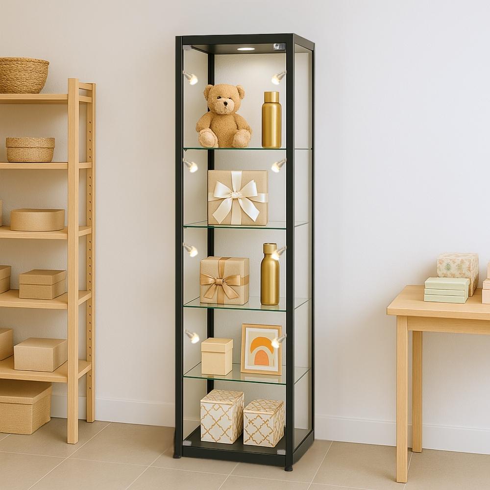 Sleek black aluminium lockable glass display cabinet with four adjustable shelves and nine LED lights, measuring 1800mm high by 400mm wide.
