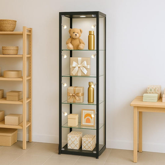 Black Aluminium Lockable Glass Display Cabinet with 4 Adjustable Shelves & 9 LED Lights 1800mm High x 400mm Wide