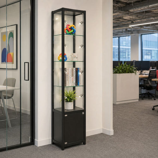 Black Aluminium Lockable Glass Storage Display Cabinet with 3 Adjustable Shelves & 9 LED Lights 1800mm High x 400mm Wide