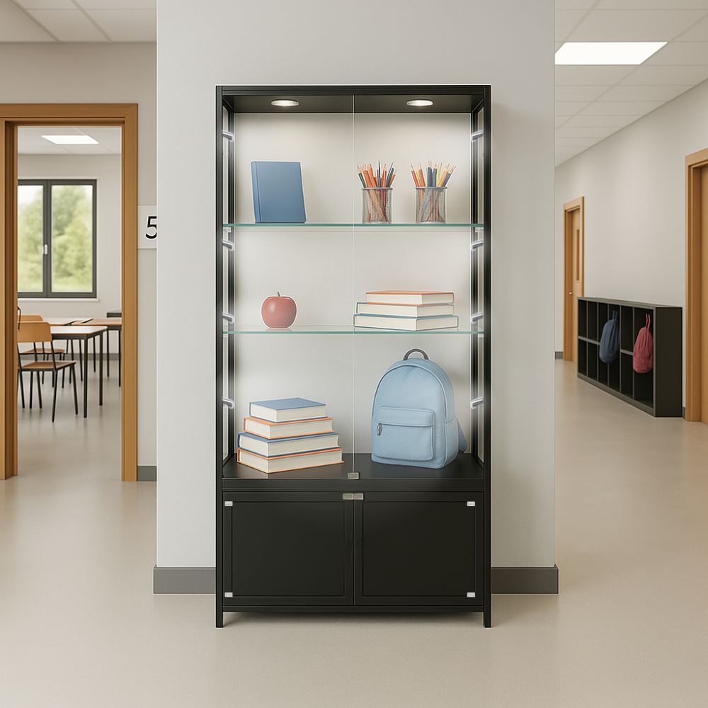 Black Aluminium Lockable Glass Display Cabinet with 3 Adjustable Shelves & 10 LED Lights – Sleek and secure display unit with a durable black aluminium frame, clear glass panels, and integrated LED lighting. Perfect for retail, exhibitions, and showroom displays. Dimensions: H1800mm x W1000mm x D400mm.