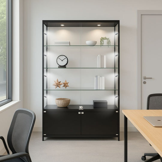 Black Aluminium Lockable Glass Storage Display Cabinet with 3 Adjustable Shelves & 10 LED Lights 1800mm High x 1200mm Wide