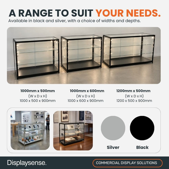 Range of black aluminium glass counter display cabinets with LED lighting, showing different width and depth options alongside black and silver finish choices.