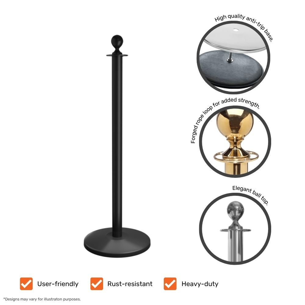 Close-up image of a black ball-top barrier post showing its anti-trip base, forged rope loop, and durable finish for professional venue use.