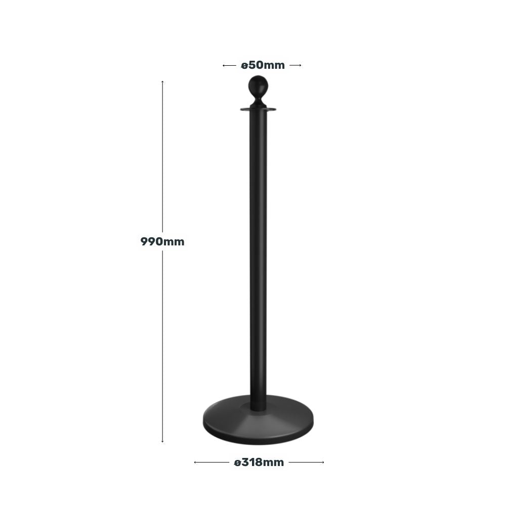 Technical diagram of a black ball-top barrier post with detailed height, pole diameter, and base measurements for event planning.