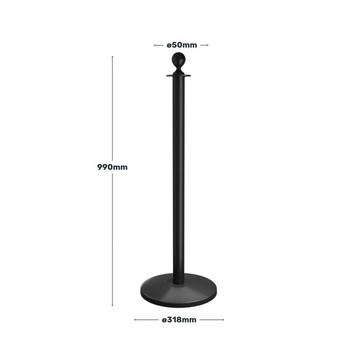 Technical diagram of a black ball-top barrier post with detailed height, pole diameter, and base measurements for event planning.
