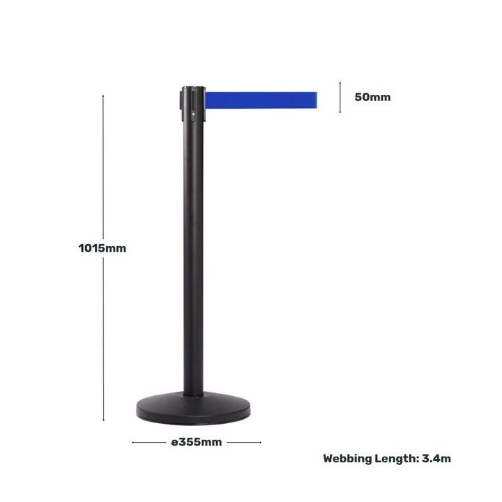 Black retractable barrier post with a blue belt, displayed with height, base diameter, belt width, and webbing length measurements.