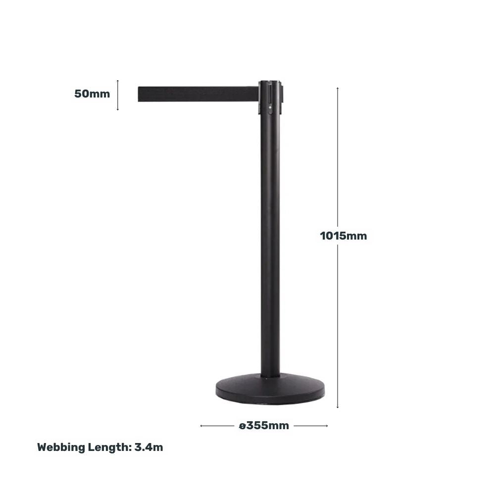 Technical diagram of black barrier post showing dimensions of 1015mm height, 355mm base diameter, and 3.4 metre long black webbing belt.

