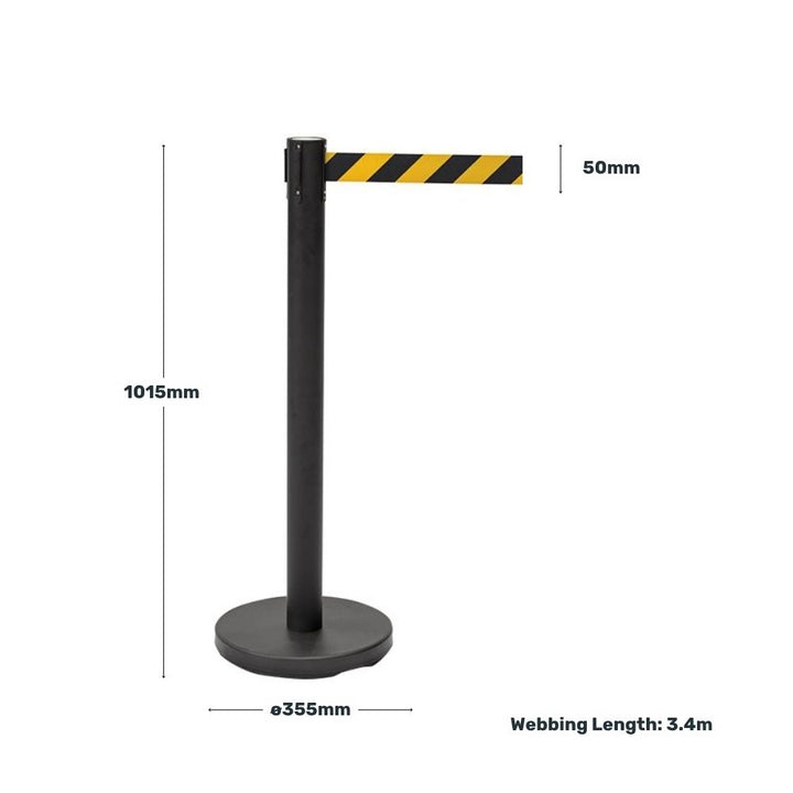 Black retractable barrier post with yellow and black striped belt, displayed with height, base diameter, belt width, and webbing length measurements.