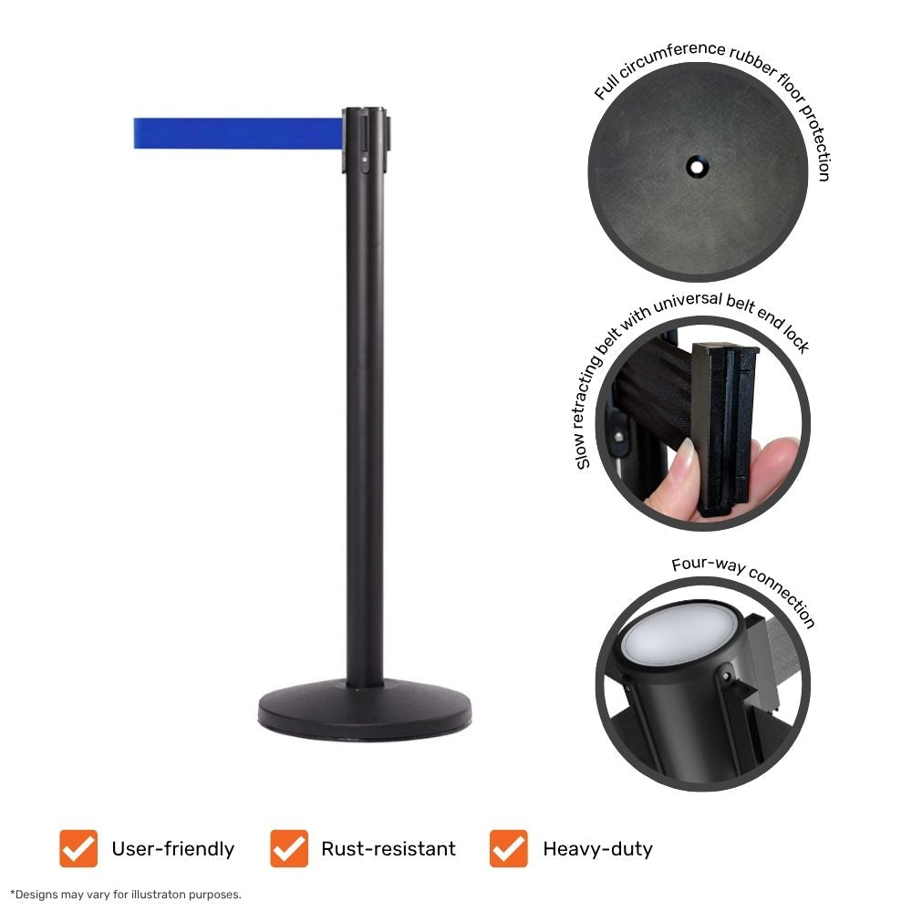 Black retractable barrier post with a blue belt, showing detailed features such as rubber floor protection, belt end lock, and four-way connection.