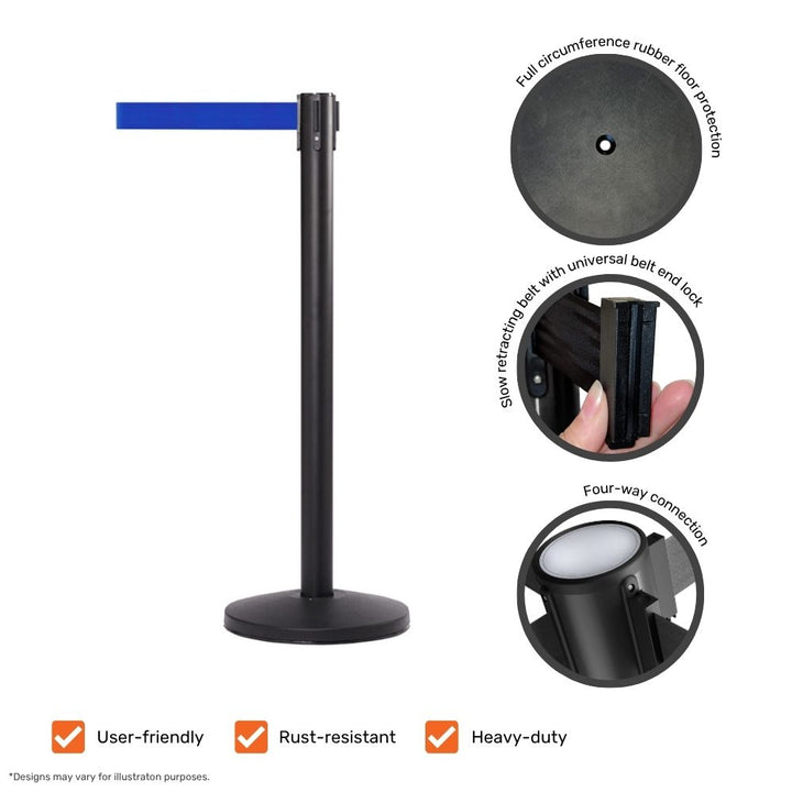 Black retractable barrier post with a blue belt, showing detailed features such as rubber floor protection, belt end lock, and four-way connection.