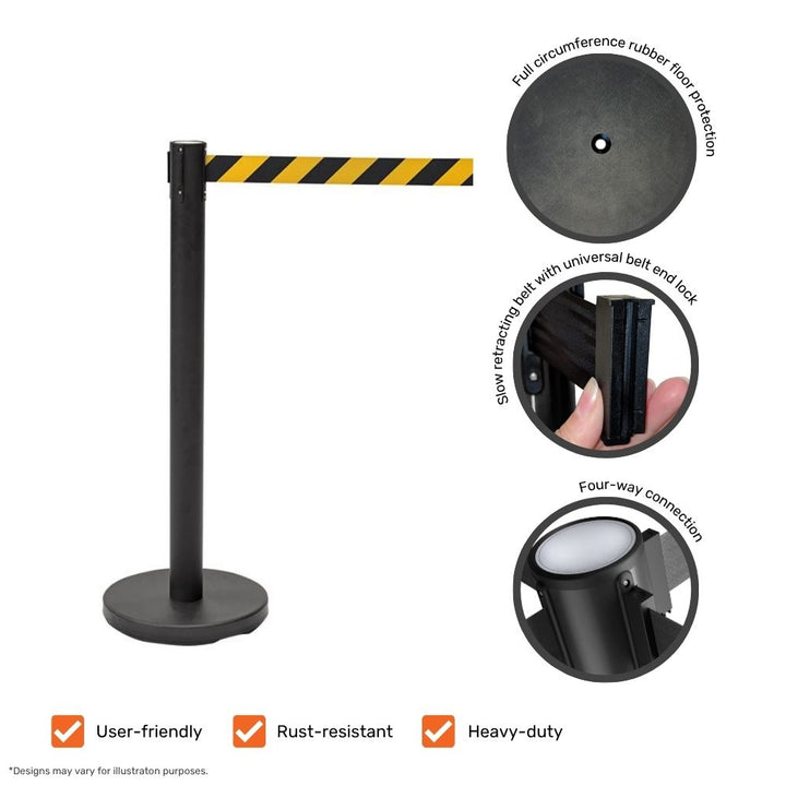 Black retractable barrier post with yellow and black striped belt, highlighting features including rubber floor protection, belt end lock, and four-way connection.