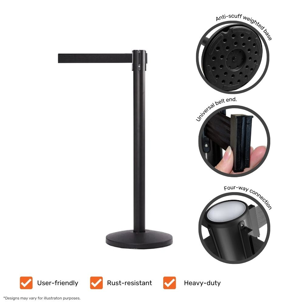 Close-up of black barrier post with highlighted features including anti-scuff weighted base, universal belt end, four-way connection, and user-friendly heavy-duty design.

