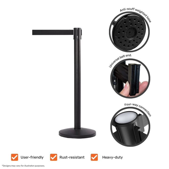 Close-up of black barrier post with highlighted features including anti-scuff weighted base, universal belt end, four-way connection, and user-friendly heavy-duty design.

