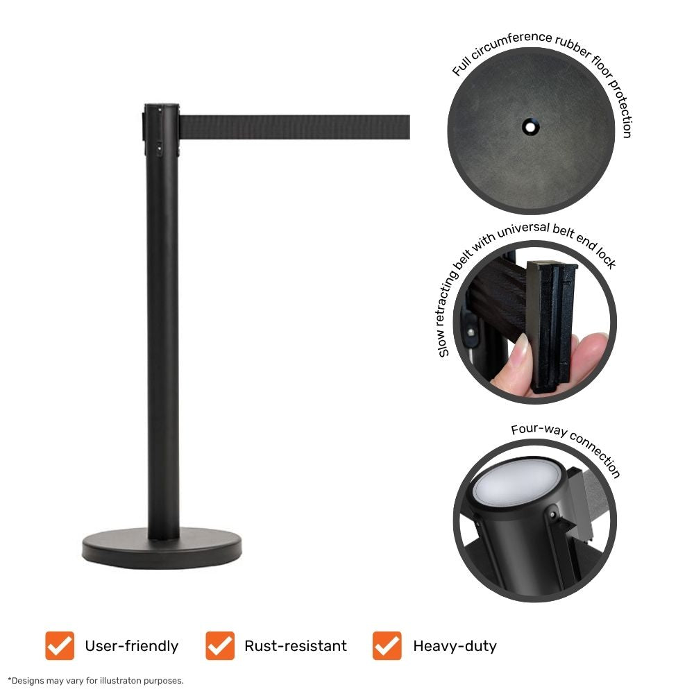 Black barrier post with black belt, highlighting key features such as rubber floor protection, belt end lock, slow retraction, and four-way connection.