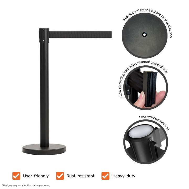 Black barrier post with black belt, highlighting key features such as rubber floor protection, belt end lock, slow retraction, and four-way connection.