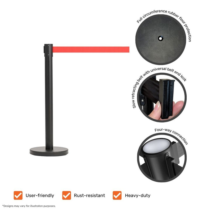Black barrier post with red belt, showing detailed features including rubber floor protection, universal belt end lock, slow retracting mechanism, and four-way connection.