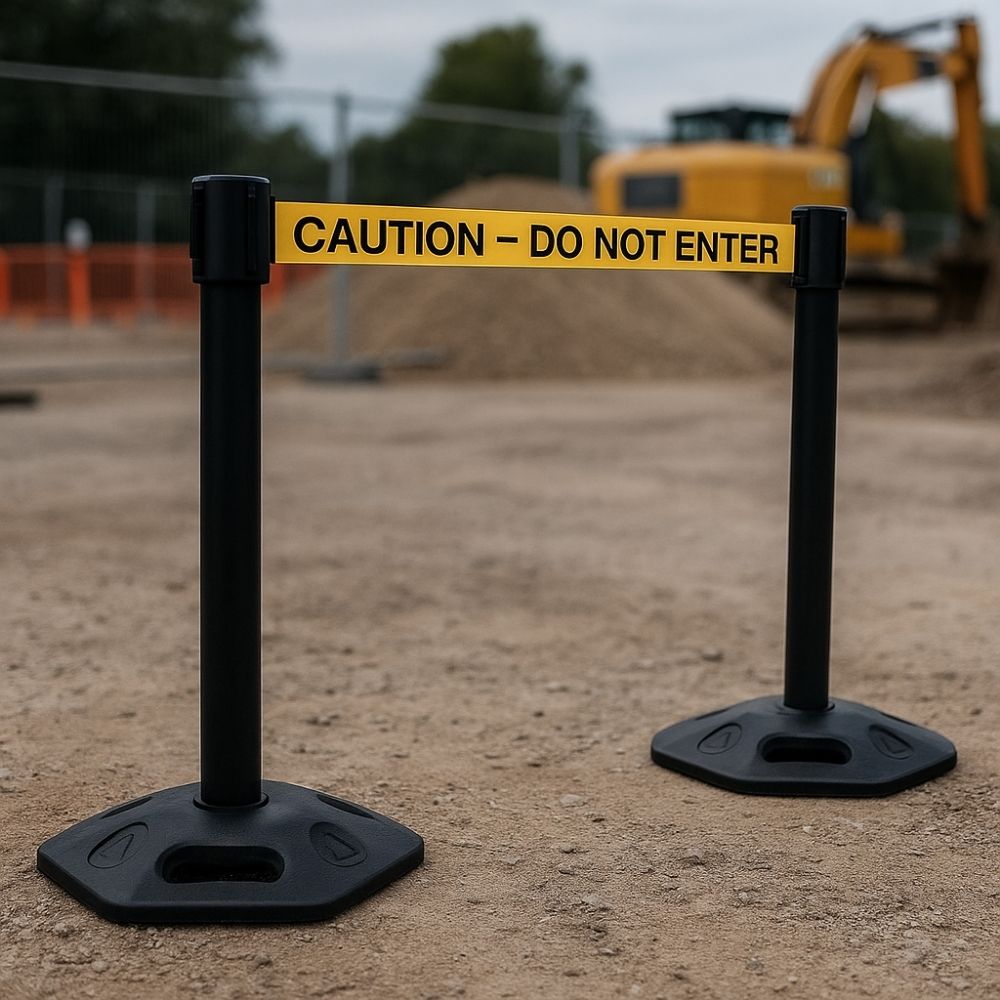 Black barrier post with a yellow "Caution – Do Not Enter" retractable belt placed on a construction site with machinery and dirt piles in the background.