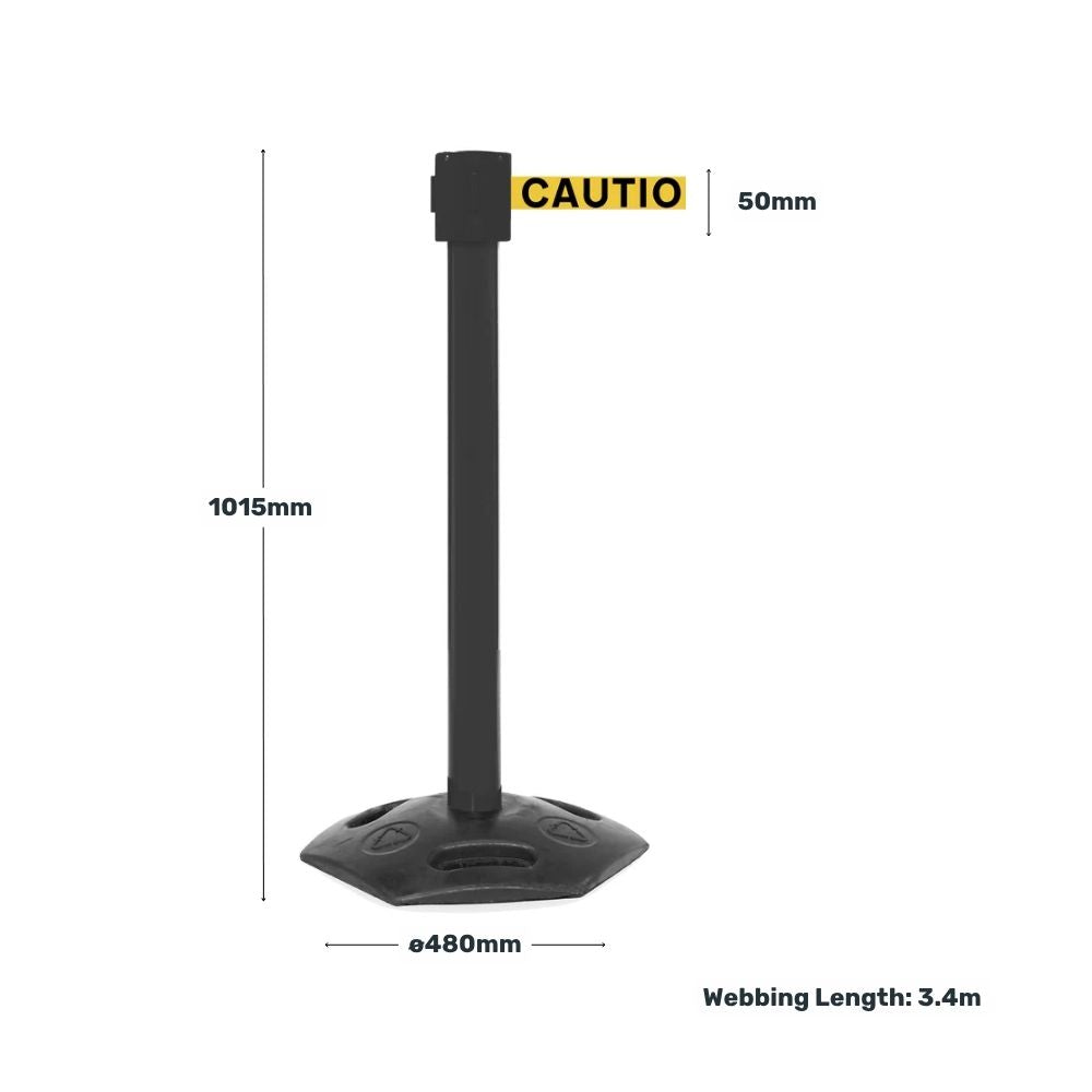 Black barrier post with yellow caution belt, displaying height, base diameter, and webbing length measurements.