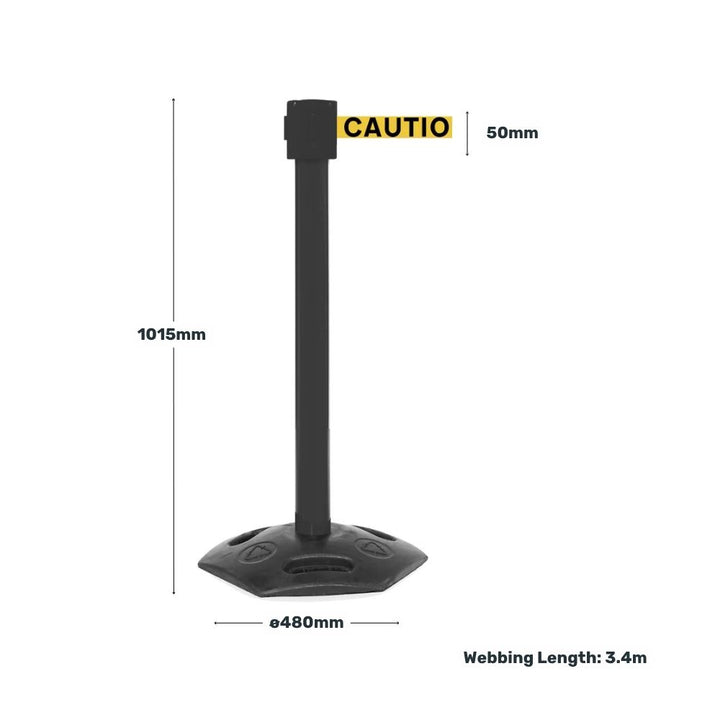 Black barrier post with yellow caution belt, displaying height, base diameter, and webbing length measurements.