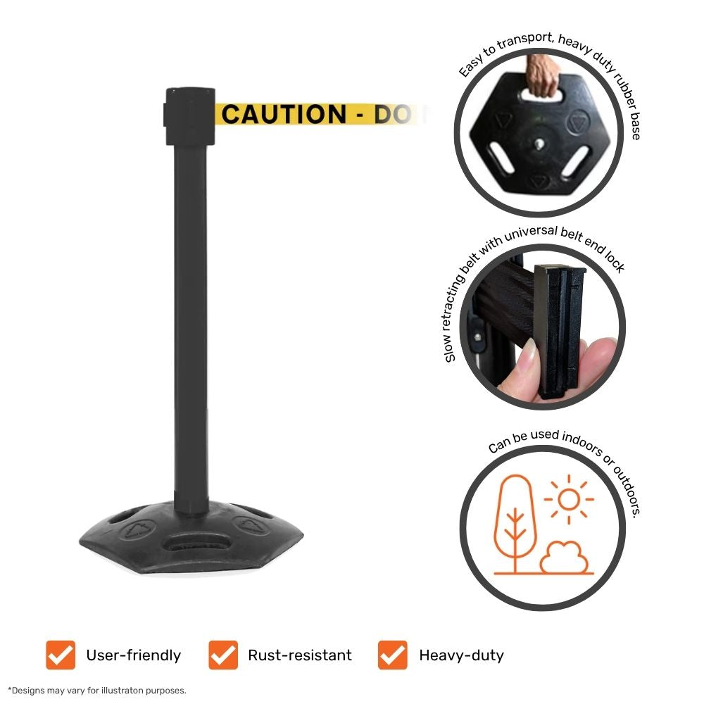 Black post with yellow caution belt highlighting features such as heavy-duty rubber base, universal belt lock, and indoor-outdoor usability.
